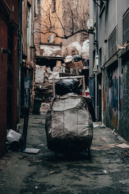 A narrow urban alleyway filled with a large, black, heavy-duty sack or bag of waste positioned in the foreground, with a long, unwheeled trolley or rubbish cart nearby. Behind it, an accumulation of discarded cardboard boxes, plastic bags, and loose debris is stacked against an uneven back wall, suggesting a cluttered waste collection scene. The alley is bordered by dark, industrial-style brick and metal-clad buildings on both sides, with graffiti visible on the right wall, and a leafless tree with bare branches extends overhead in the background. The ground is paved with asphalt, showing signs of dirt and stains, and the ambient lighting indicates overcast weather or late afternoon conditions. This setting reflects an informal or private rubbish collection environment typical of independent waste disposal methods, with a focus on on-site clearance rather than municipal collection, associating closely with rubbish removal services such as those offered by Rubbish Removal Chelsea.